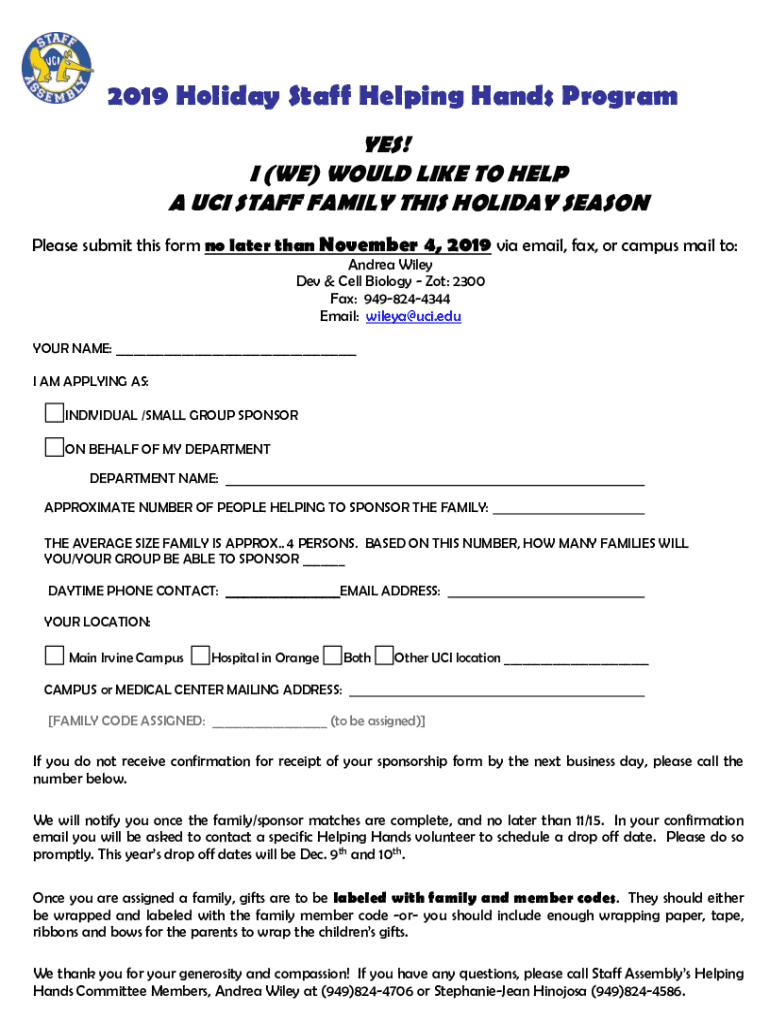 Fillable Online Staff Holiday Helping Hands Program staffassembly.uci