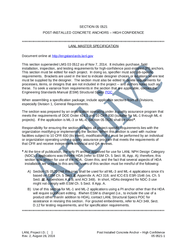 Section 05 0520 PostInstalled Concrete and GroutedMasonry Anchors