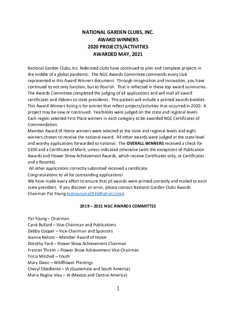 Fillable Online NATIONAL GARDEN CLUBS, INC. AWARD WINNERS 2020 Fax
