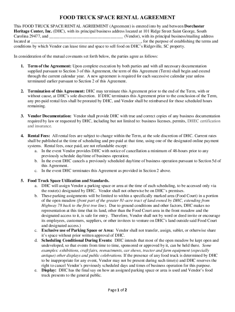 food-truck-space-lease-agreement Food Truck Space Lease Agreement - Printable Blank PDF Online Preview on Page 1