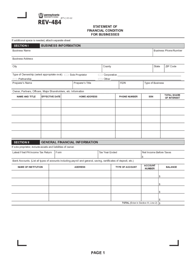 Statement of Financial Condition for Businesses (REV-484). Forms/Publications Preview on Page 1