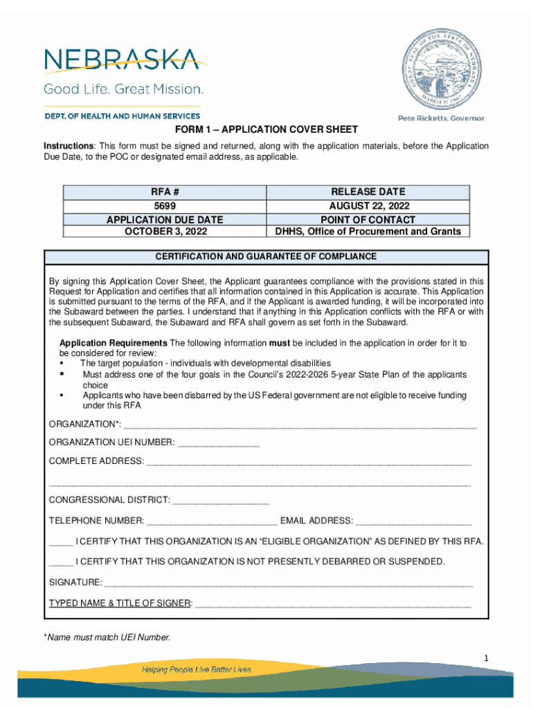 Fillable Online dhhs ne FORM 1APPLICATION COVER SHEET RFA # RELEASE ...