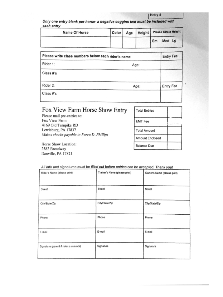 Fox View Farm Horse Show Entry Preview on Page 1