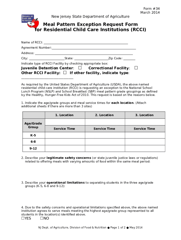Meal Pattern Exception Request Doc Template pdfFiller