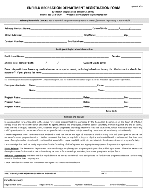 Fillable Online ENFIELD RECREATION DEPARTMENT REGISTRATION FORM Fax ...