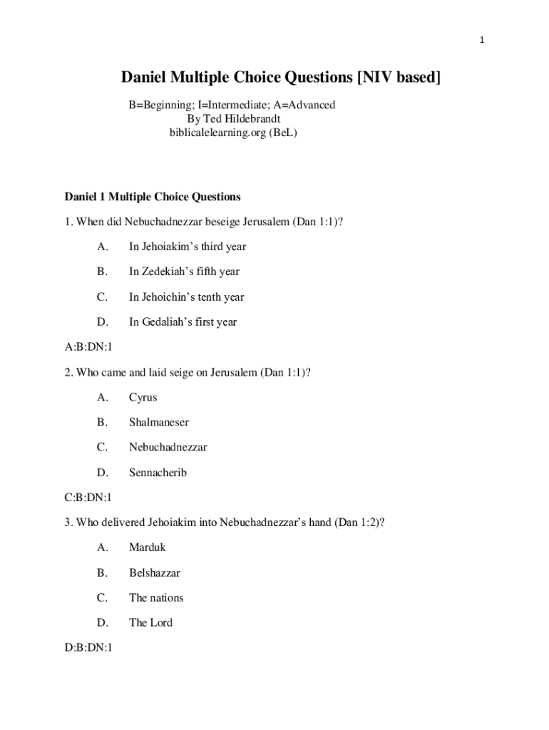 Fillable Online Daniel Multiple Choice Questions NIV based - Biblical ...