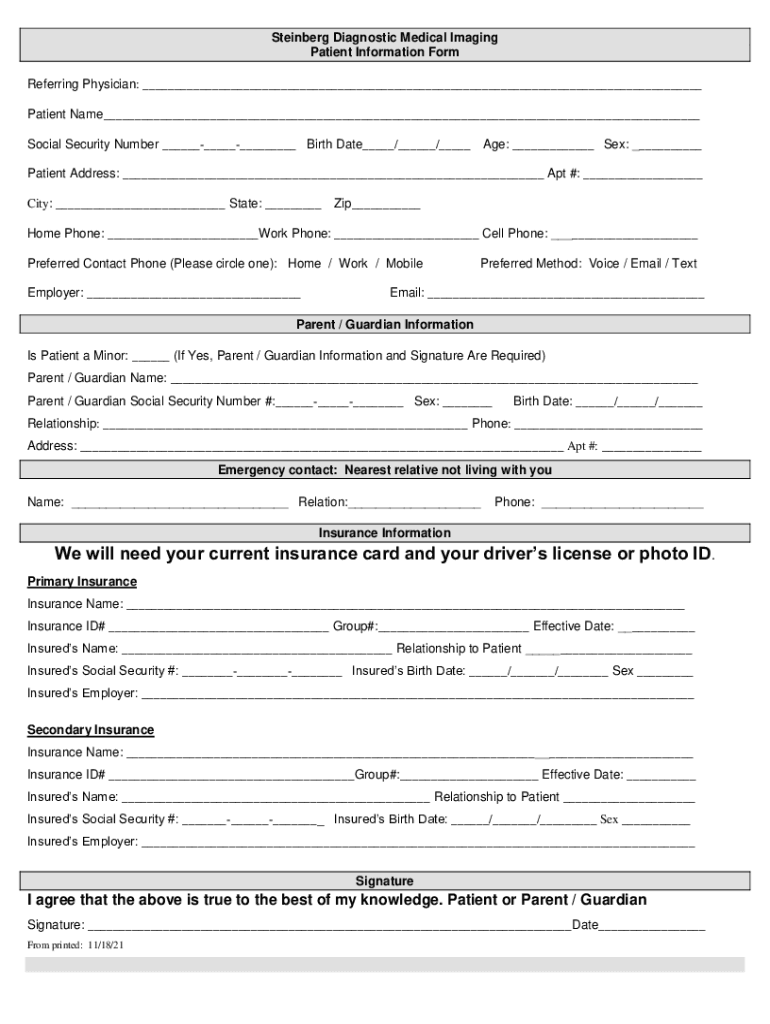 Fillable Online Fillable Online Steinberg Diagnostic Medical Imaging