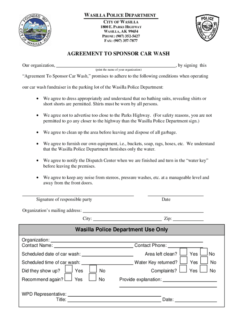 Fillable Online AGREEMENT TO SPONSOR CAR WASH Wasilla Police Fax