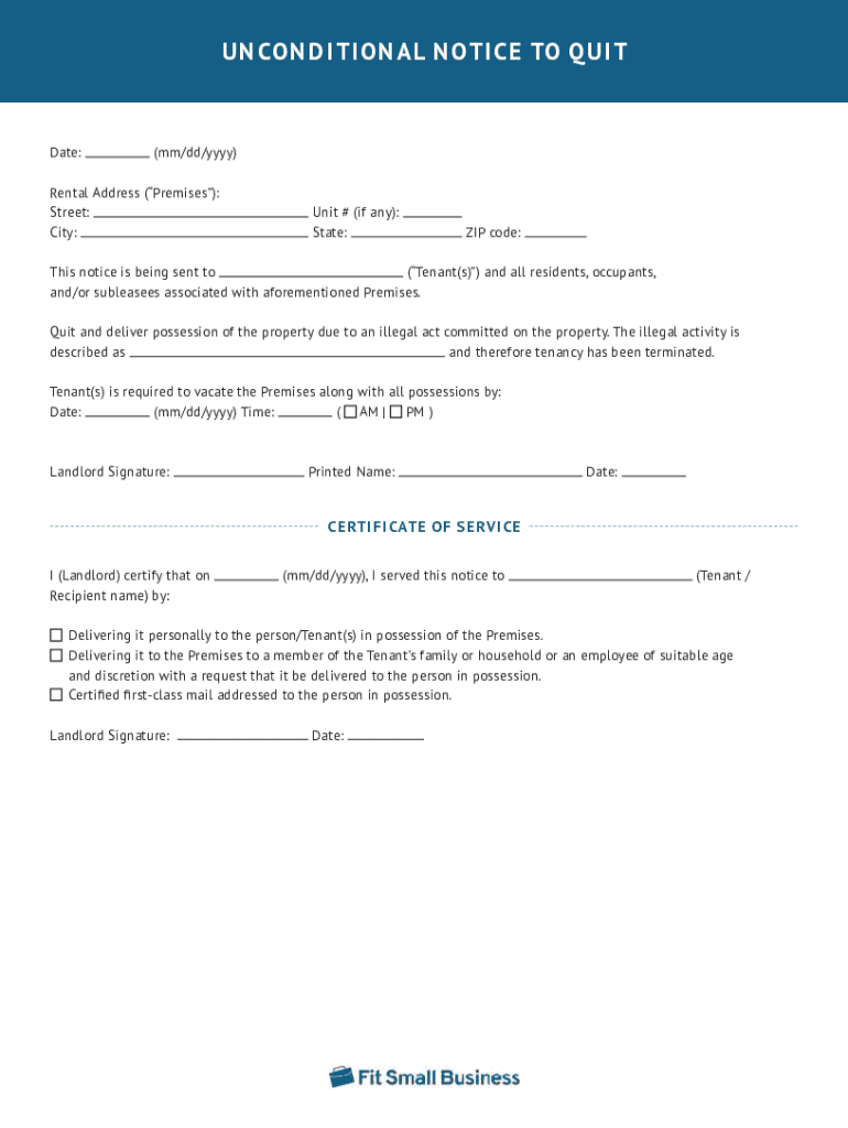 Fillable Online UNCONDITIONAL NOTICE TO QUIT Fit Small Business Fax ...