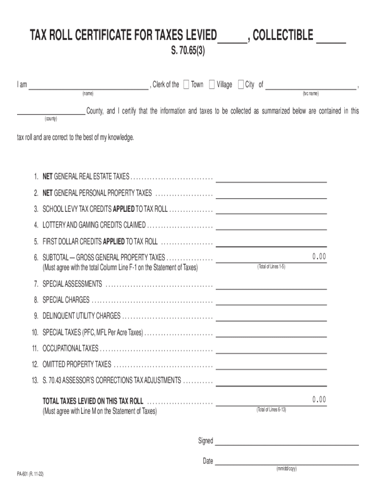 Fillable Online 2022 PA601 Tax Roll Certificate for Taxes Levied