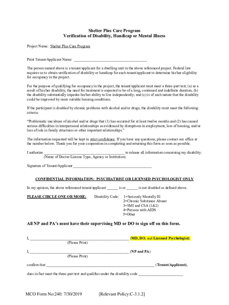 Fillable Online Shelter Plus Care Program Verification of Disability