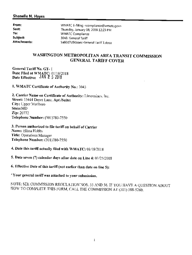 Fillable Online wmatc.govTariffs3043GT1GENERAL TARIFF COVER General
