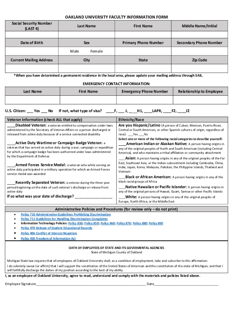 Fillable Online oakland.eduAssetsOaklandOAKLAND UNIVERSITY FACULTY