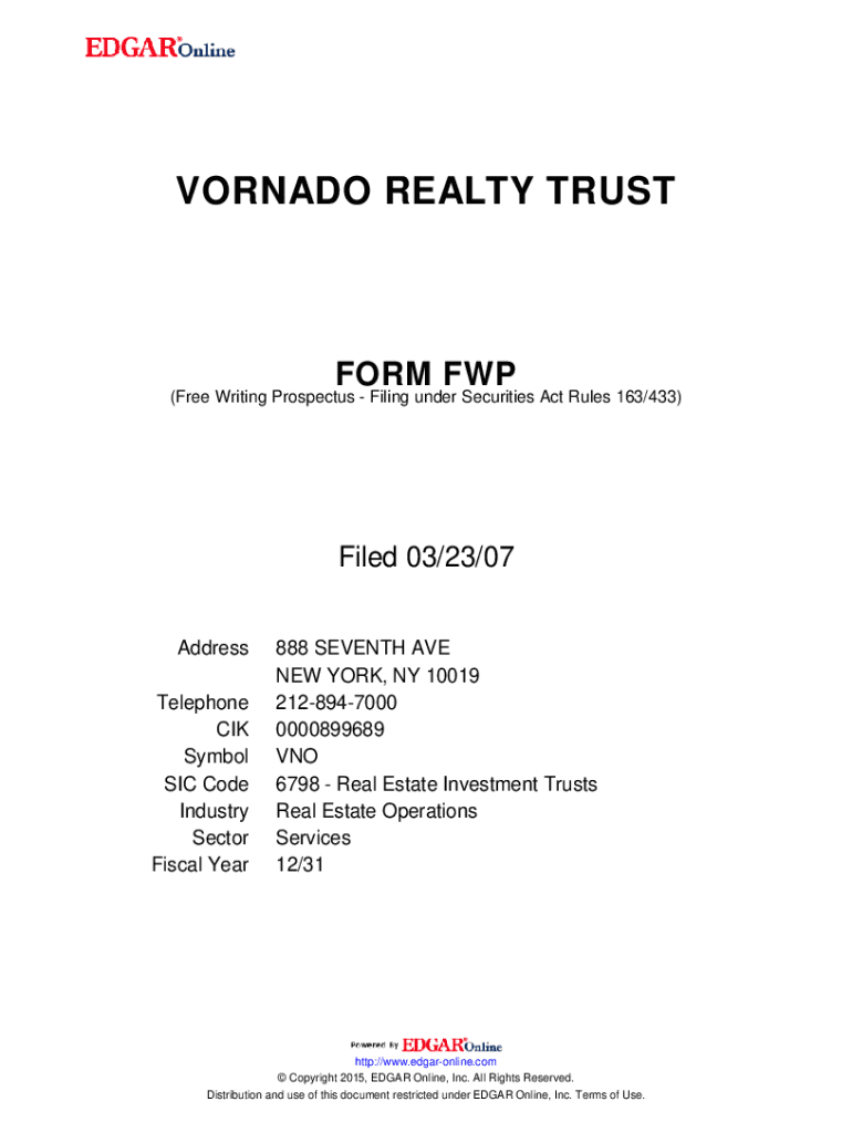 Fillable Online Fillable Online VORNADO REALTY TRUST. FORM FWP (Free Writing Prospectus Fax