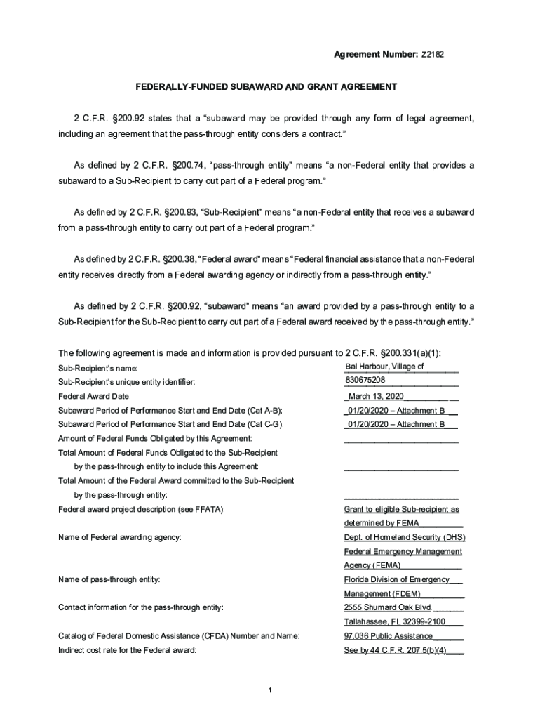 FederallyFunded Subaward and Grant Agreement Blank Fillable Template