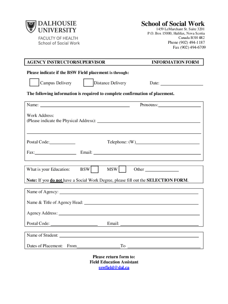 Fillable Online Judy MacDonald School of Social Work Dalhousie