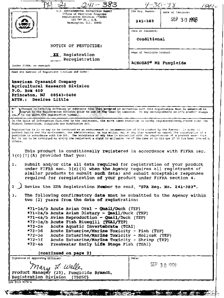 Fillable Online U.S. EPA, Pesticide Product Label, ACROBAT MZ FUNGICIDE ...