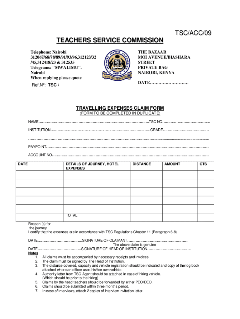 Fillable Online travelling expenses claim form Teachers Service