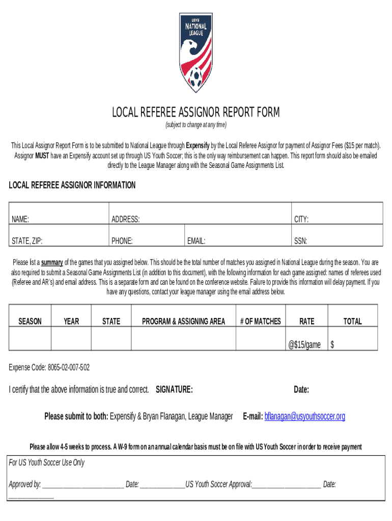 Online LOCAL REFEREE ASSIGNOR REPORT US Youth Soccer Doc Template