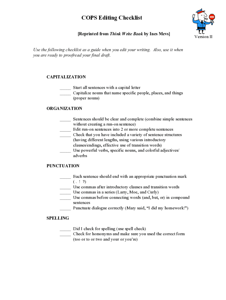 Fillable Online Cops Editing Checklist Worksheets & Teaching