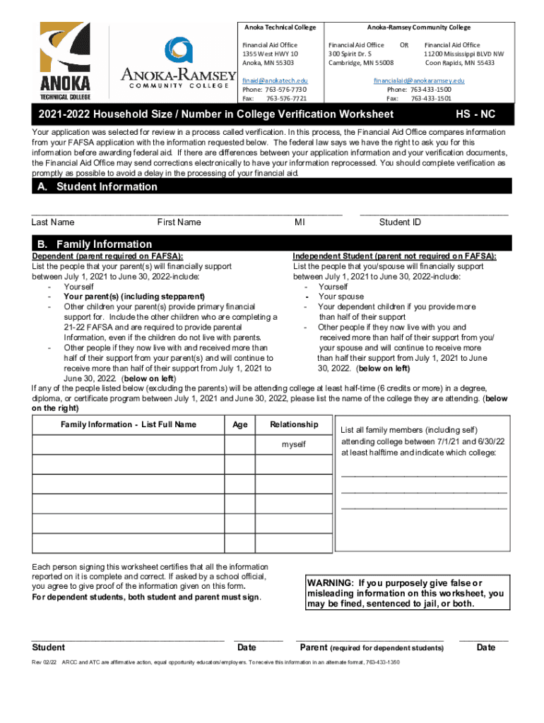 Fillable Online 2021 2022 Household Size / Number in College