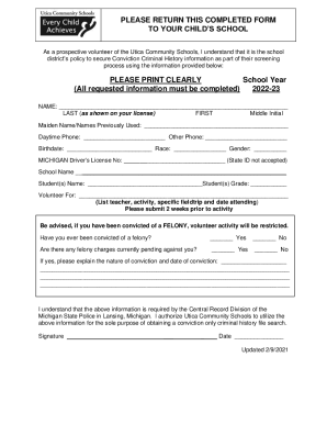 Get the free Parents Please return this completed form to your childs ...