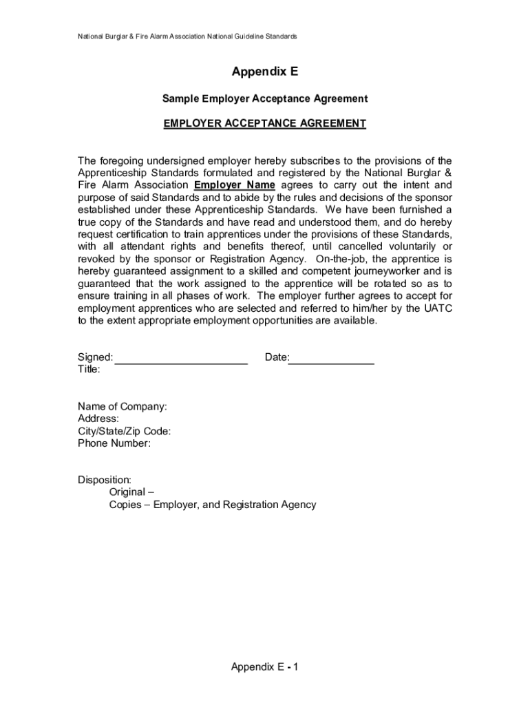 Fillable Online Fillable Online doleta Appendix E Sample Employer Acceptance Agreement Fax