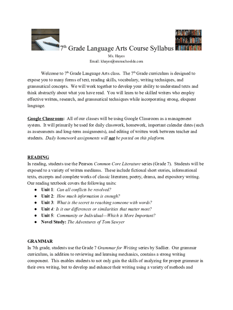 Fillable Online 7 t h G rade Language Arts Course Syllabus - St Mary ...