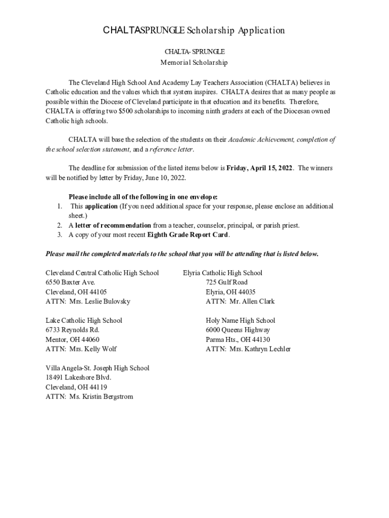 Fillable Online lakecatholic Chalta-Sprungle Memorial Scholarship Preview on Page 1