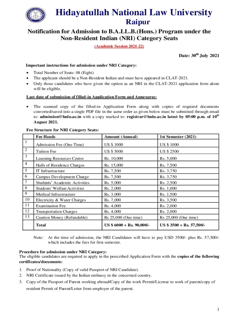 Fillable Online hnlu ac HNLU Raipur Admission Eligibility, Dates