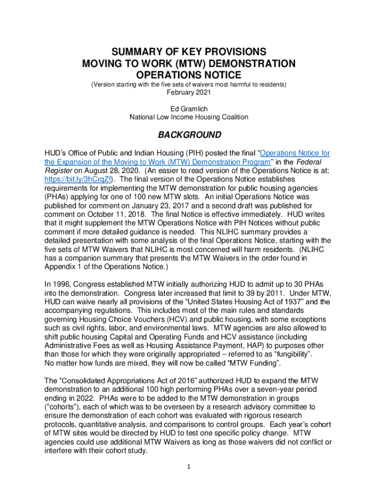 Fillable Online SUMMARY OF KEY PROVISIONS MOVING TO WORK (MTW