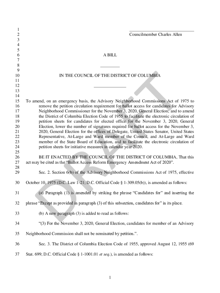 Fillable Online 1 Councilmember Charles Allen 2 3 4 5 A BILL 6 7 DC