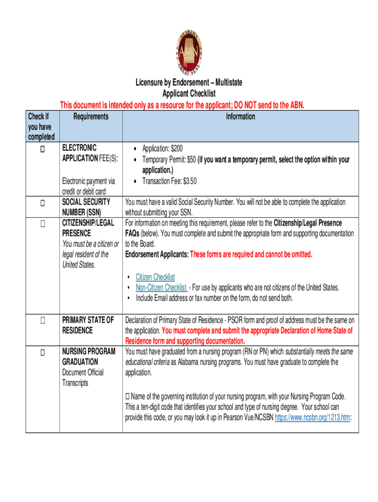 Fillable Online Licensure by Endorsement Multistate Applicant Checklist