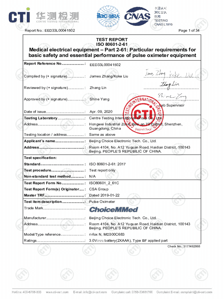 Fillable Online TEST REPORT EN 60601 1 Medical electrical equipment