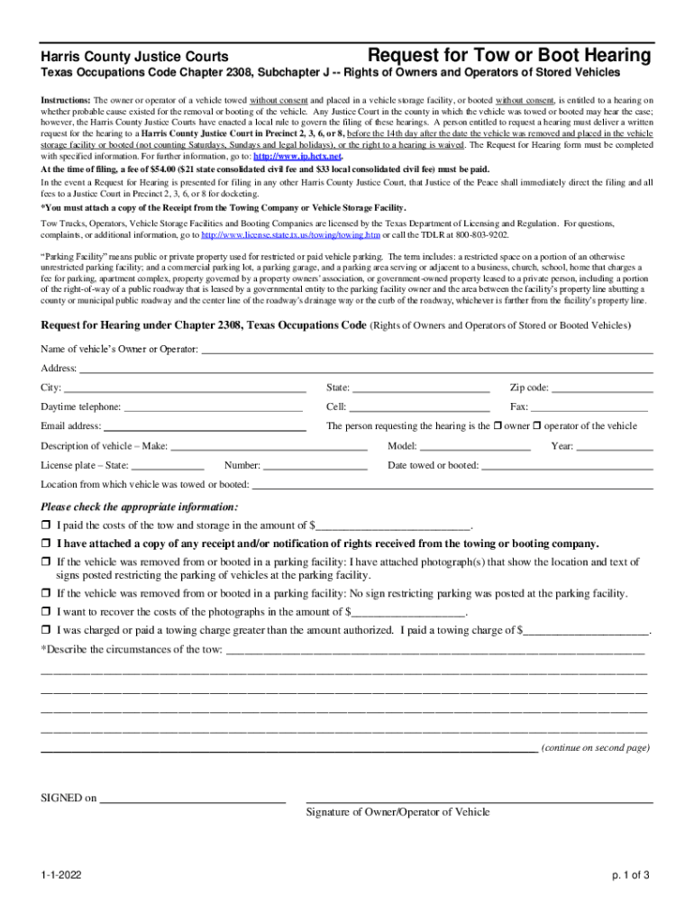 Request For Tow Hearing - Harris County Justice Of The Peace Courts Preview on Page 1