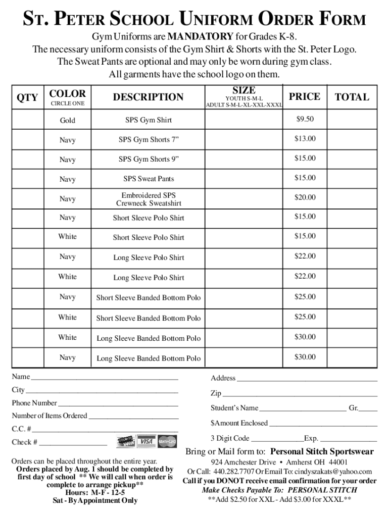 Fillable Online ST. PETER SCHOOL UNIFORM ORDER FORM Fax Email Print