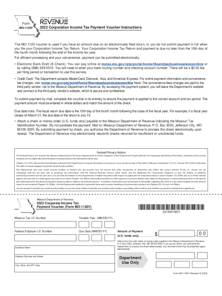 MO-1120V 2022 Corporation Income Tax Payment Voucher Instructions Preview on Page 1