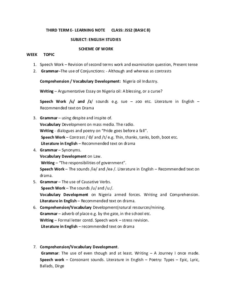 Fillable Online English Studies Scheme of Work for JSS2 Third Term Fax