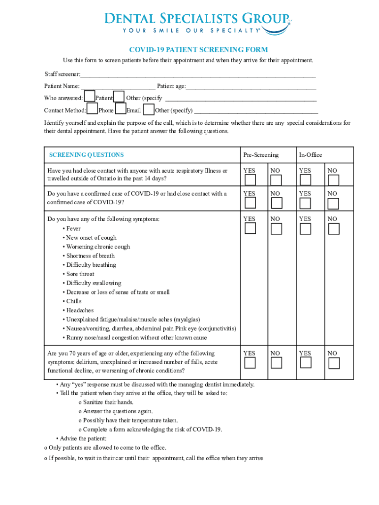 Fillable Online Garden City Dental Care, PLLC Patient Screening Form