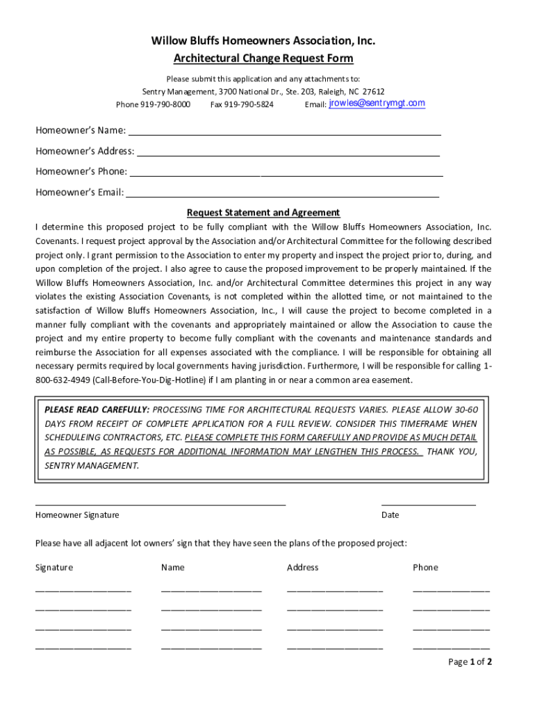 Fillable Online Willow Bluffs Homeowners Association, Inc