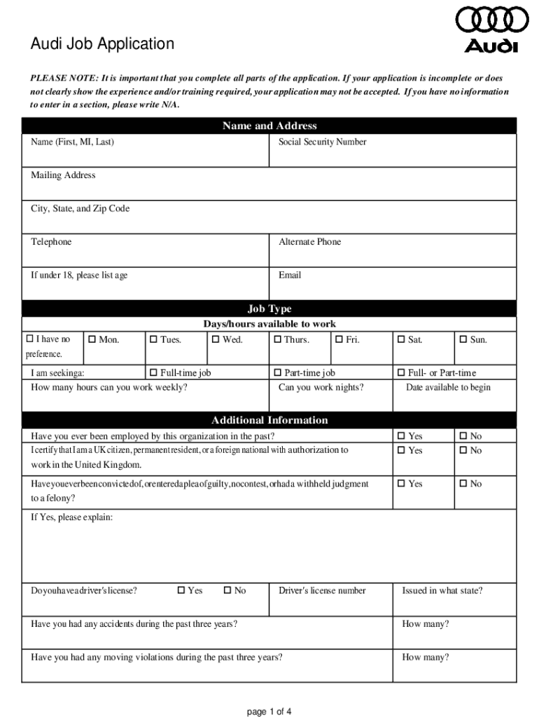 Fillable Online Audi Job Application Form Fax Email Print pdfFiller
