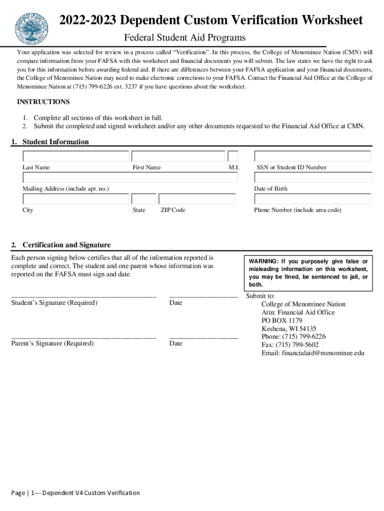 Fillable Online 2022 2023 Dependent Custom Verification Worksheet Fax Fillable Online 2022 2023 Dependent Custom Verification Worksheet Fax