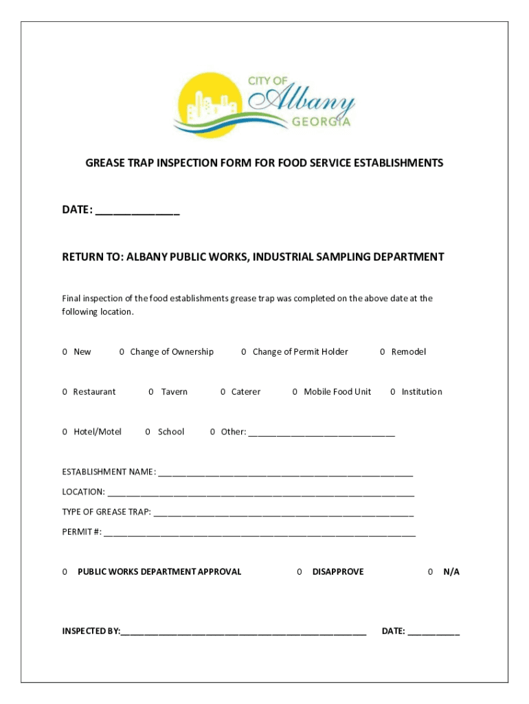 Fillable Online GREASE TRAP INSPECTION FORM FOR FOOD SERVICE