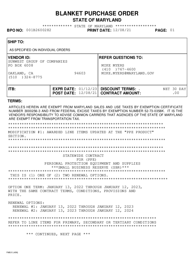 Fillable Online dgs maryland PDF version of FMIS Blanket Purchase Order. Blanket Purchase Order