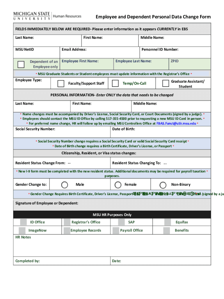 Fillable Online hr msu Fillable Personal Data Change Form personal data