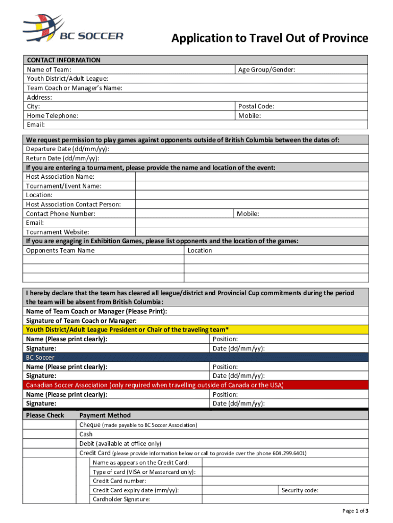 Fillable Online Application to Travel Out of Province - bcsoccer Preview on Page 1