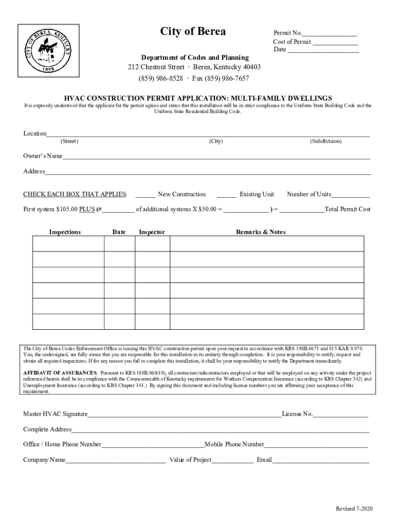 Fillable Online HVAC MultiFamily Permit (PDF) City of Berea Fax