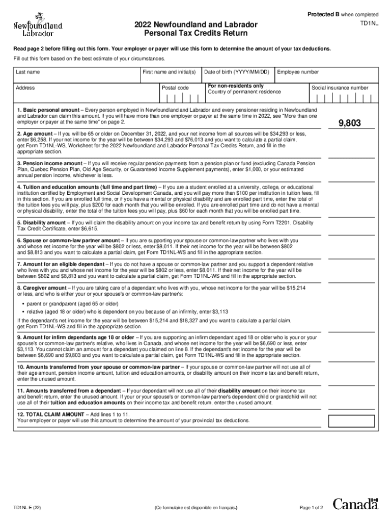 Fillable Online Filing Form TD1, Personal Tax Credits Return Canada