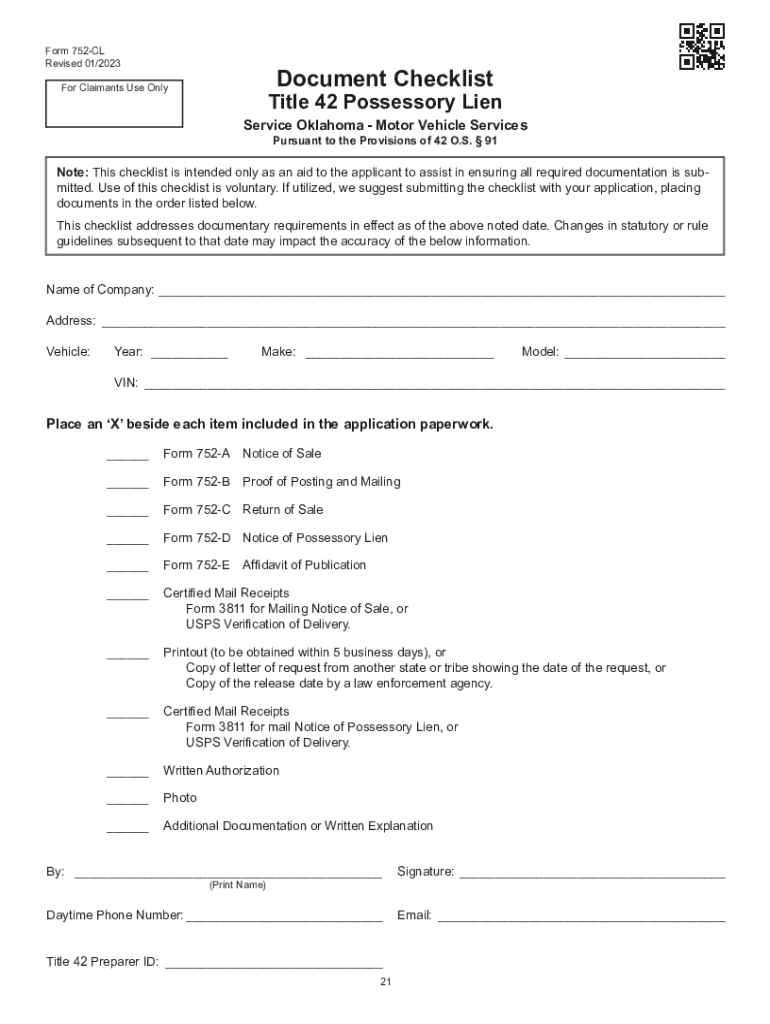 Packet 752 Title 42 Possessory Lien Procedures on Vehicles, Manufactured Homes, Commercial Trailers, Boat and Outboard Motors Packet & Instructions Preview on Page 1