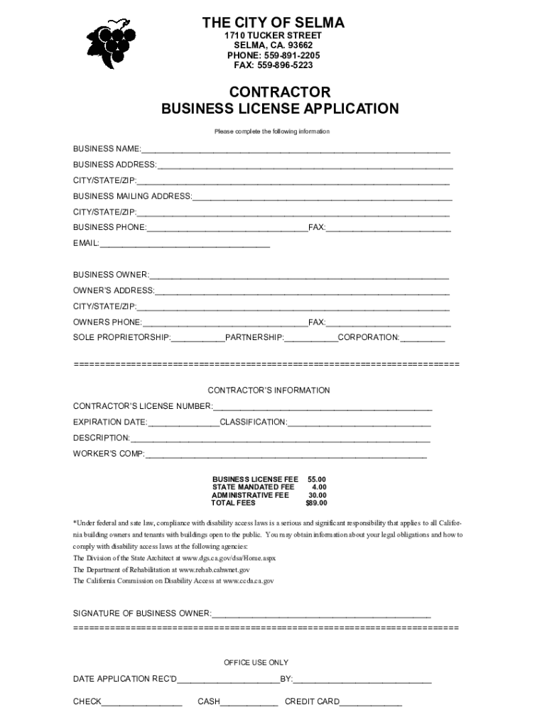 Contractor Business License Application - City of Selma - Formalu Preview on Page 1